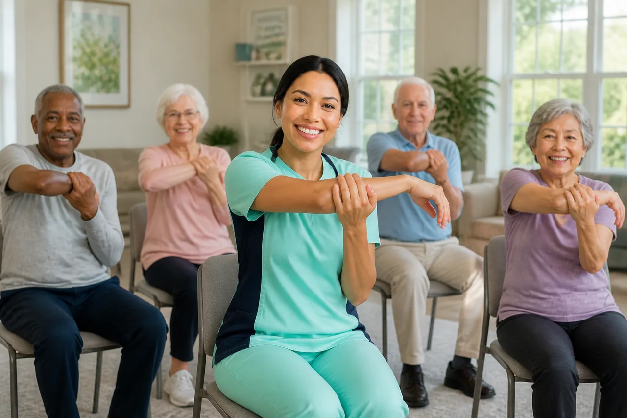 Black female caregiver in mint green scrubs with navy side panels leading seated exercises with seniors