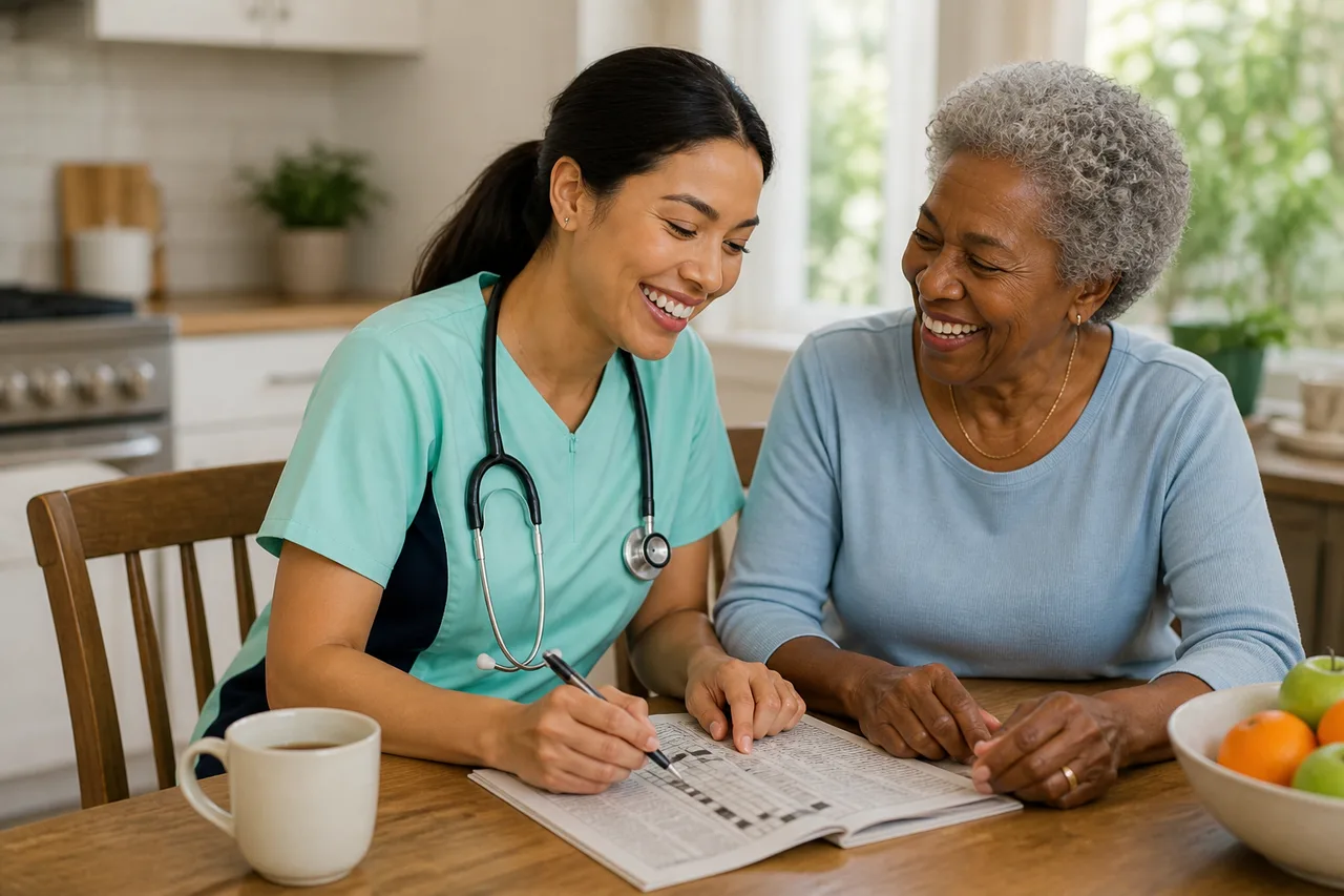 Filipina female caregiver in mint green scrubs with navy side panels doing a crossword puzzle with a senior woman, companionship at home