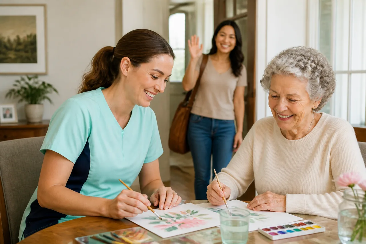 Caucasian female caregiver in mint green scrubs with navy side panels painting with a senior while family takes a break