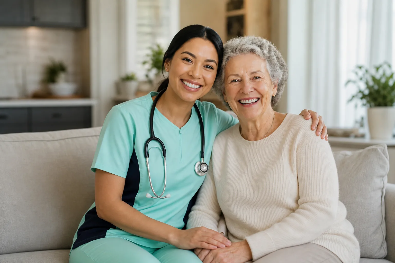 Caregiver in mint green scrubs with navy side panels sharing a joyful moment with a senior woman at home